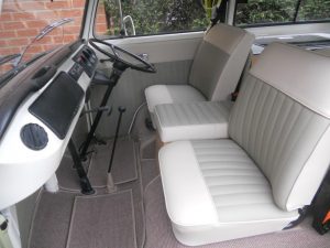 Lukes Pale Rider Campervan Bespoke Wood Cabinets Built in Sink Seat and Interior Retrim CCR Auto Trim