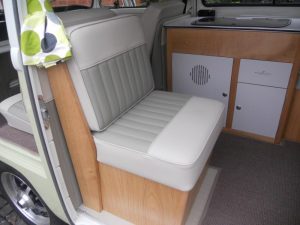 Lukes Pale Rider Campervan Bespoke Wood Cabinets Built in Sink Seat and Interior Retrim CCR Auto Trim